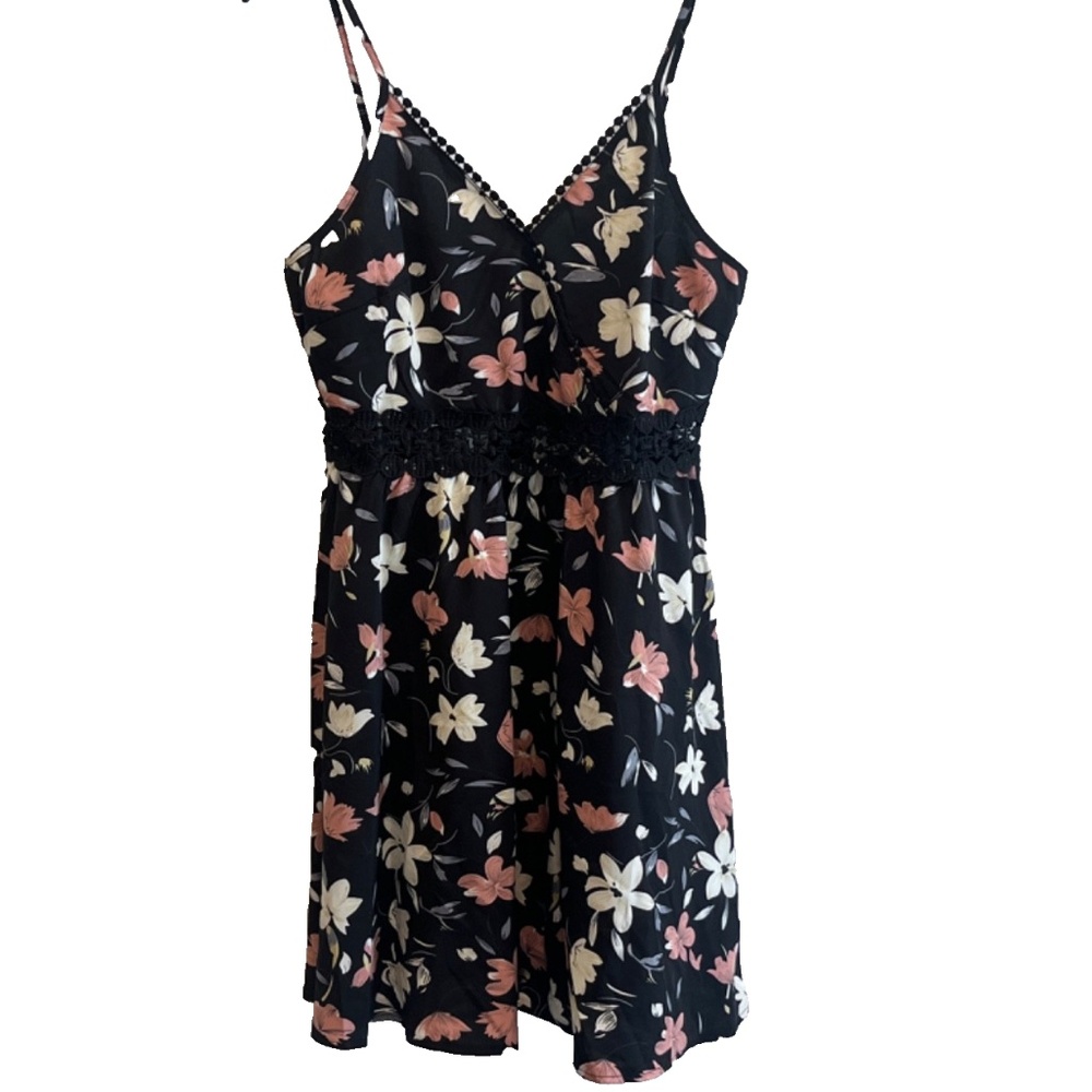 Shein Women's Black Floral Summer Dress Empire Waist W/Lace Size L 8-10